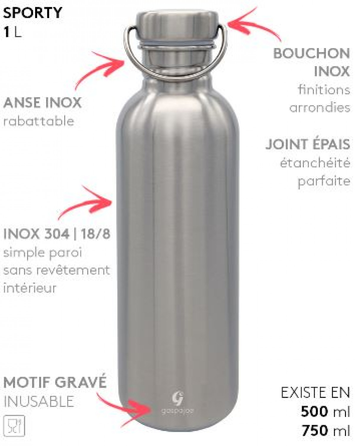 Gourde inox Sporty 1L - Boutique Toup'tibou - photo 6