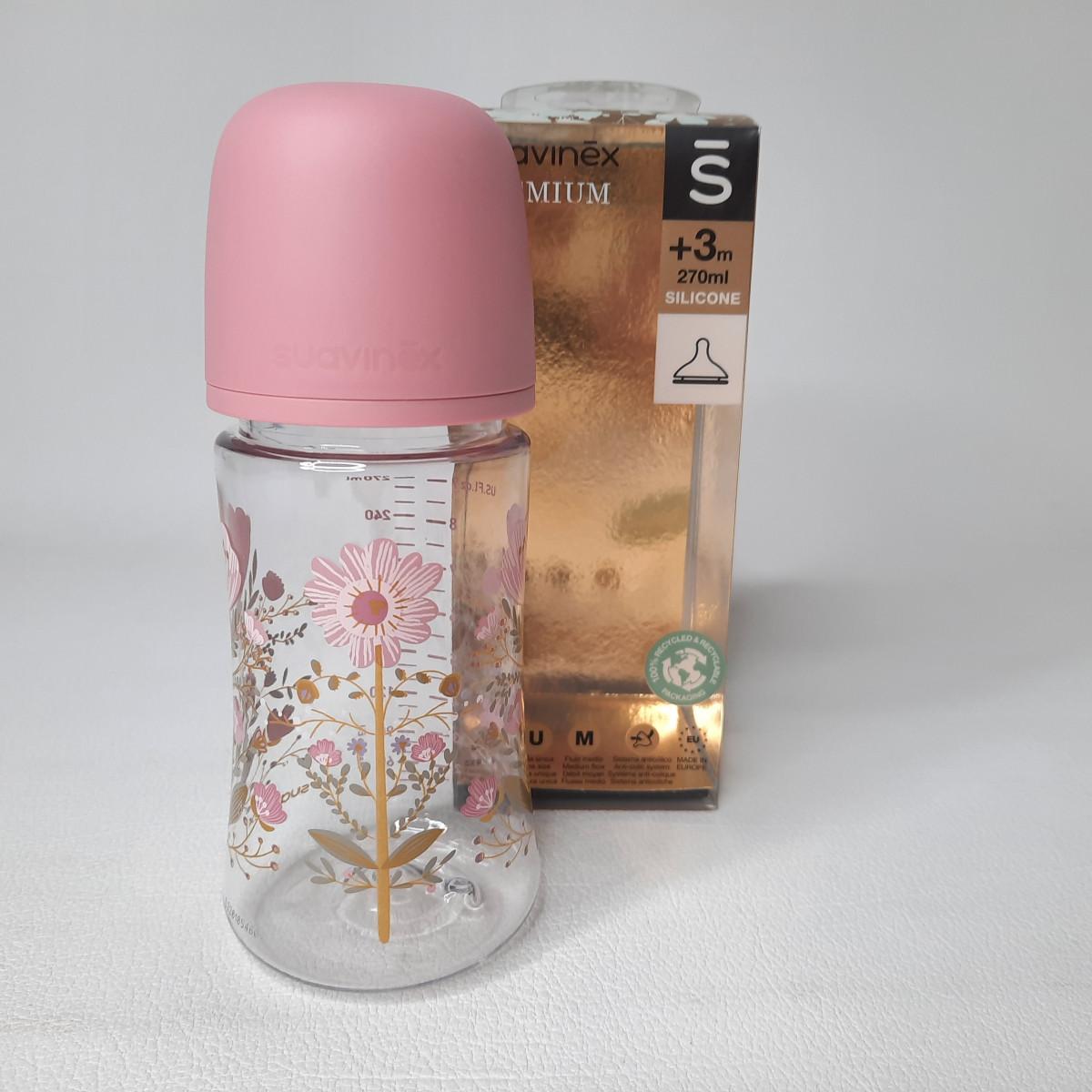 Biberon 270ml tétine forme ronde silicone débit M - Gold edition rose - photo 6