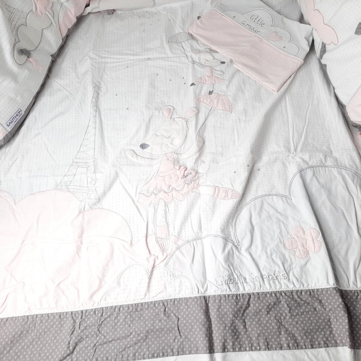 Parure de lit Tour de lit + housse de couette blanc gris et rose - photo 7