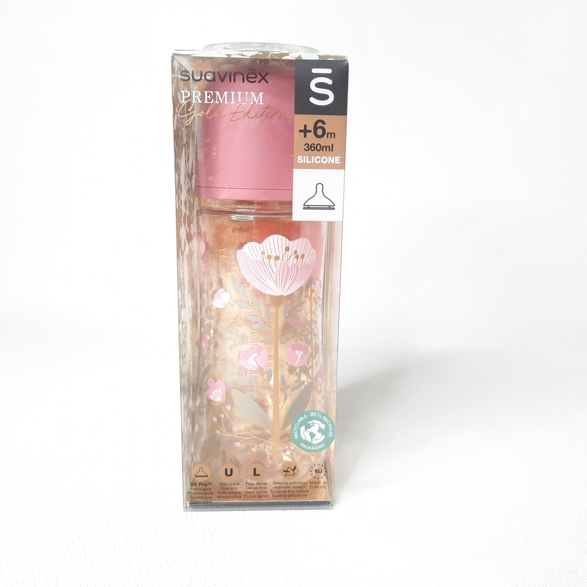 Biberon 360ml tétine forme ronde silicone débit L - Gold edition pink - photo 6